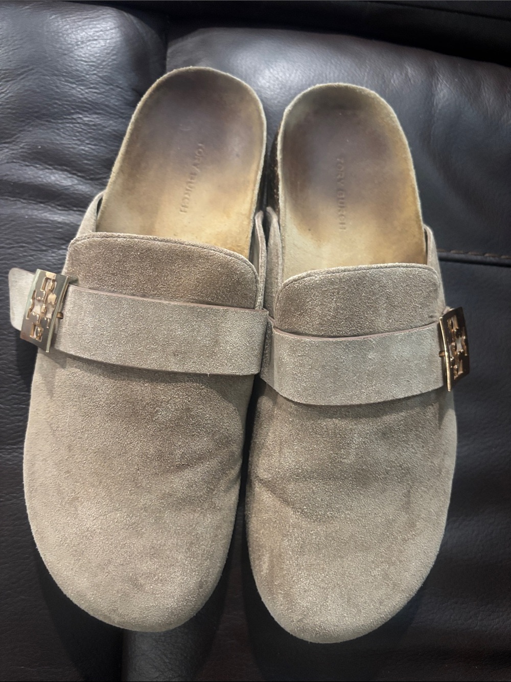 Tory Burch Taupe Suede Slide Mules with Gold Logo Accent - Picture 8 of 10